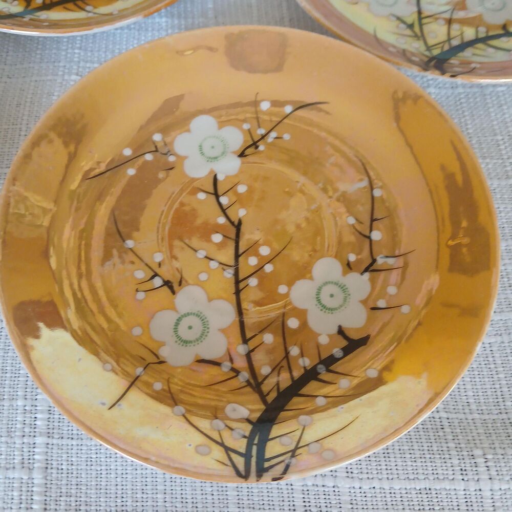Vintage Orange Japanese Lusterware Apple Blossom Saucers Set of 5